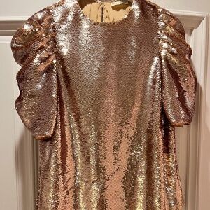 ULLA JOHNSON BLUSH PINK/GOLD SEQUIN PUFF SLEEVE BLOUSE